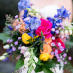 Close-up of colorful spring wedding bouquet.