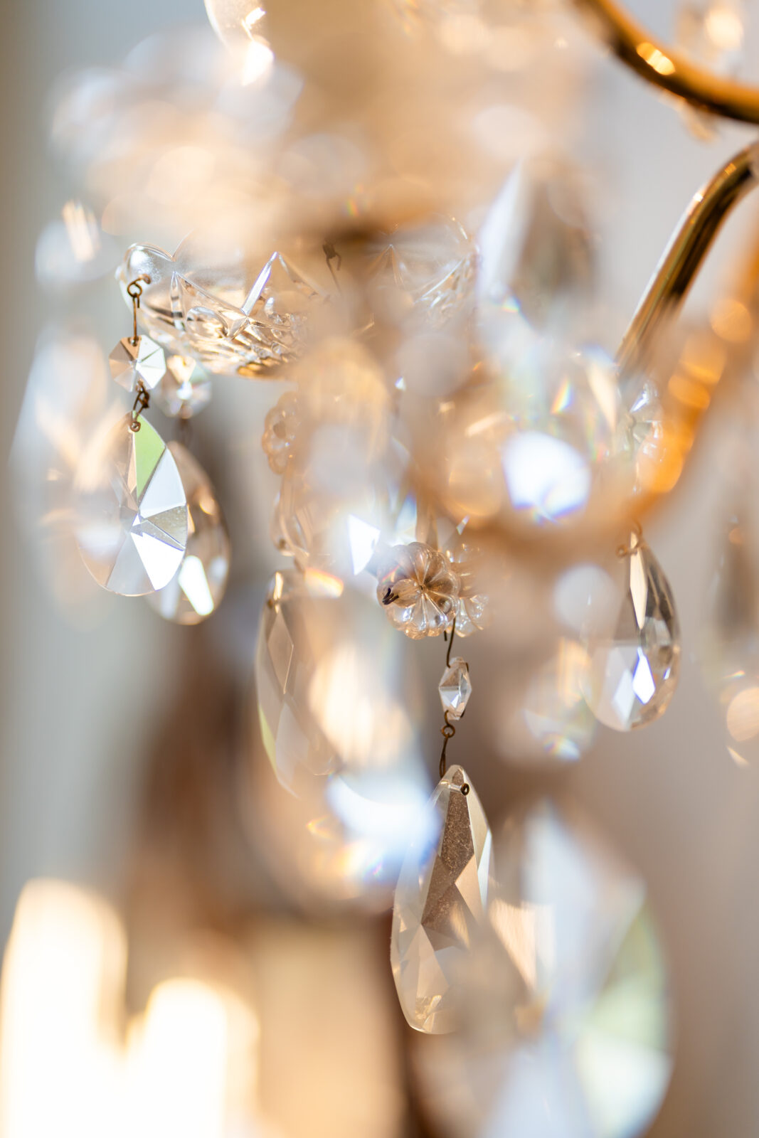 Close-up of sparkling crystal chandelier detail at Norcross GA wedding venue 173 Carlyle House
