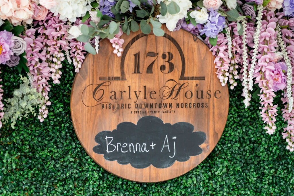 Wedding signage details at Carlyle House, a historic Norcross GA wedding venue