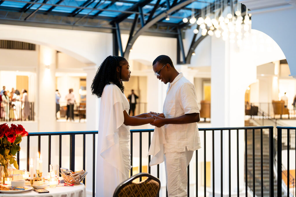 Romantic moment overlooking the Chateau Elan Versailles Restaurant during the proposal. 
