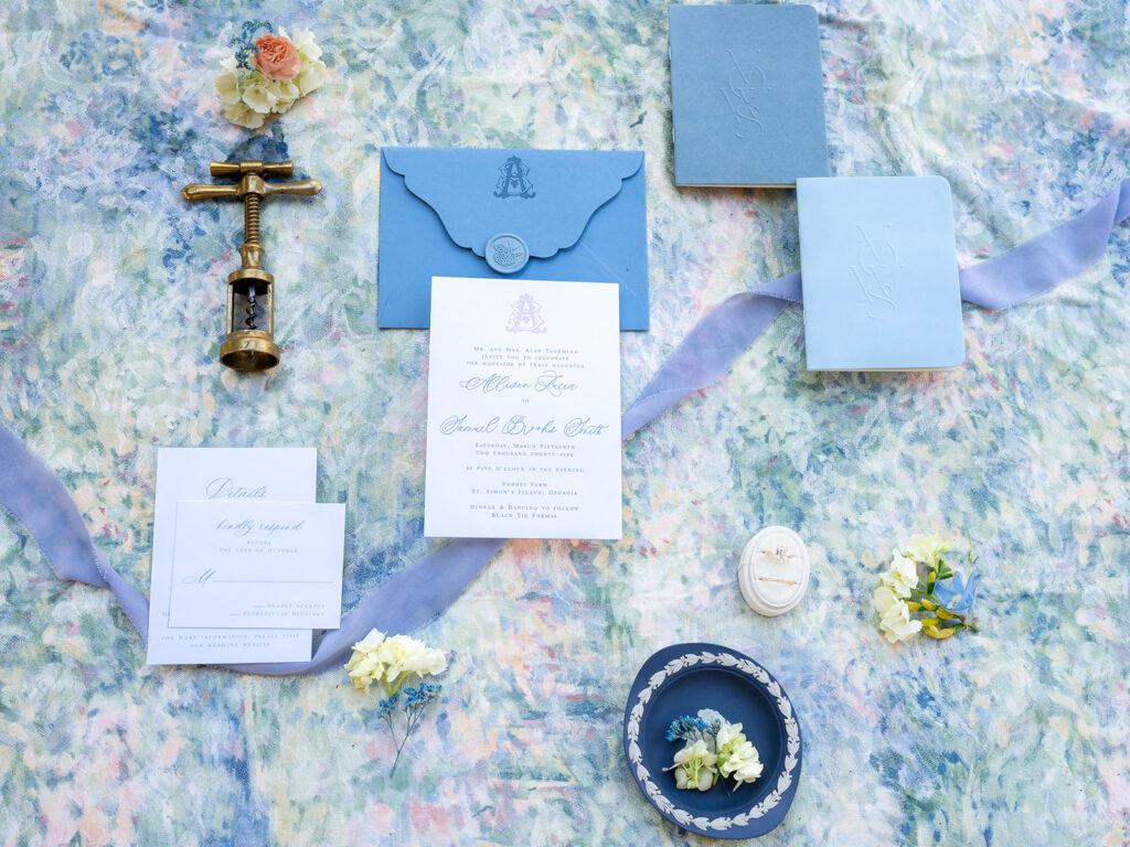 Average Cost of Wedding in Georgia | Kalyn Wolf Studios Flat lay design with invites and bridal details showing average wedding cost in Georgia.