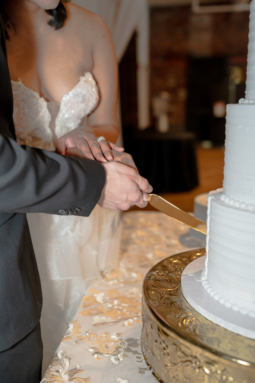 Bride and groom get married in the state of Georgia and cut their wedding cake at the reception