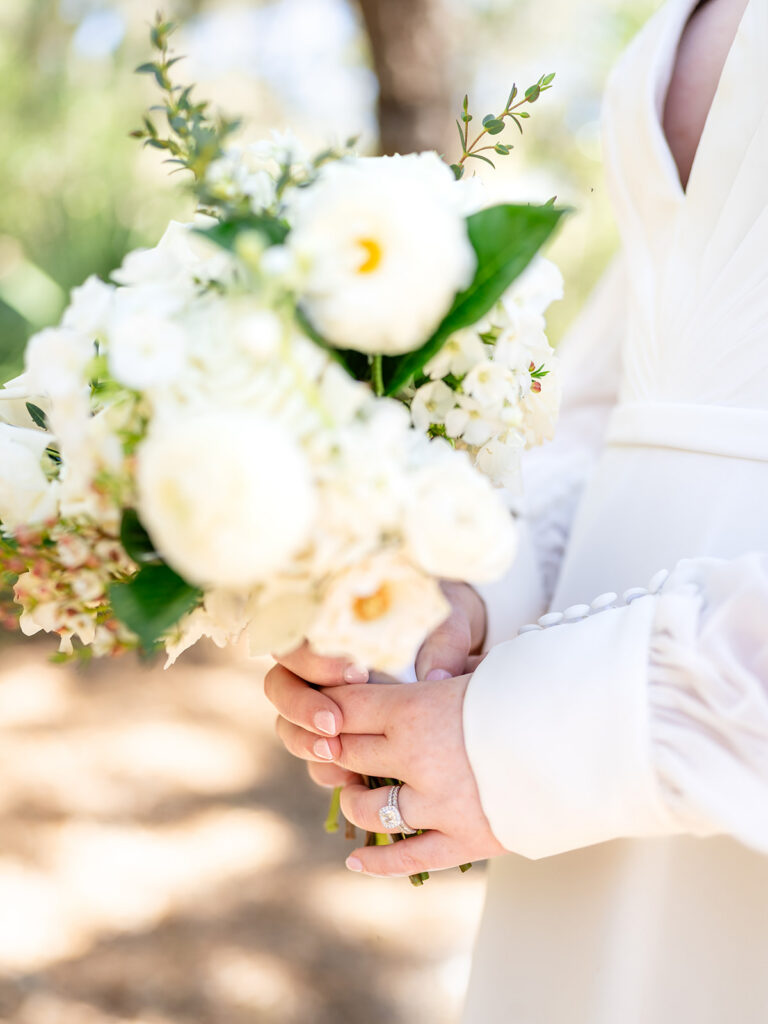 Wedding Photography in Georgia | Kalyn Wolf Studios Bridal bouquet and engagement ring detail captured during a wedding photography Georgia session.