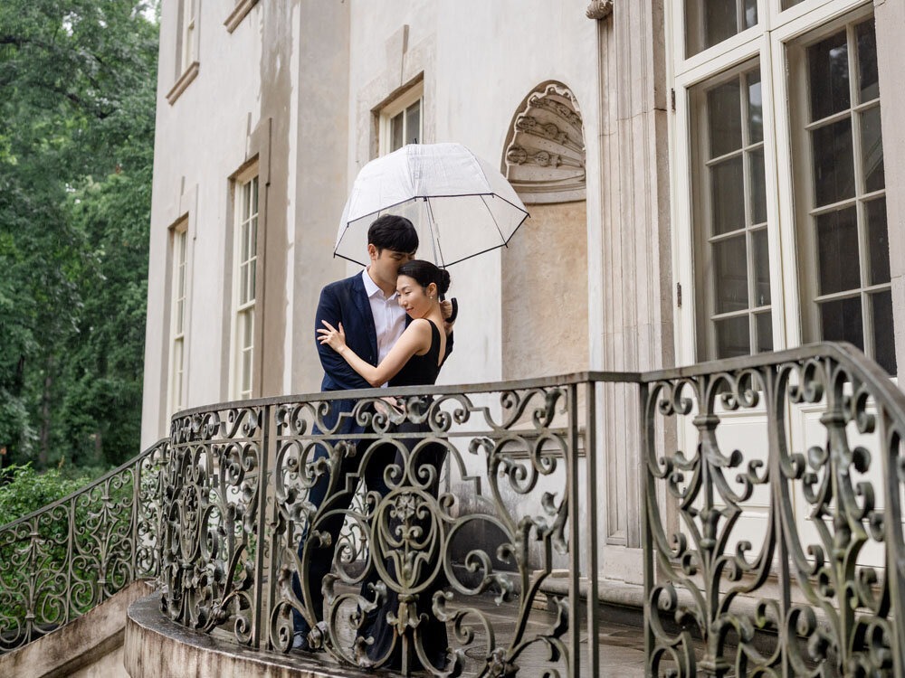 Couple smiling during their Georgia engagement photos.